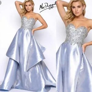 Mac Duggal Silver and Light Blue Strapless Prom Gown